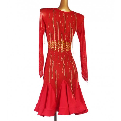 Red with gold diamond tassels competition latin dance dress modern dance latin costumes for women girls long sleeves v neck rumba salsa chacha dance dress